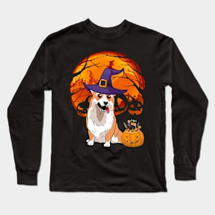 Corgi pumpkin witch Long Sleeve T-Shirt